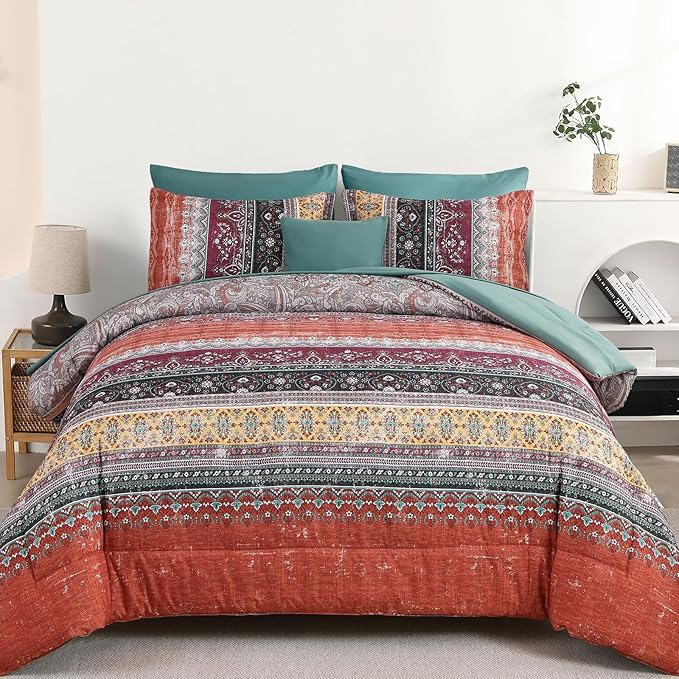 Cottolester Boho King Size Comforter Set 8 Pieces, Orange and Green Bohemian Striped Bed in a Bag, Paisley Soft Microfiber Bedding Comforter Set