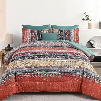 Cottolester Boho Queen Comforter Set 8 Pieces,Orange and Green Bohemian Striped Bed in a Bag,Paisley Soft Microfiber Bedding Comforter Set
