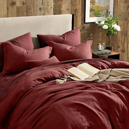 Geniospin King Comforter Set - 7 Pieces Comforter King Size, Soft Solid Bedding Set for All Season, Dark Red Textured Bed in a Bag with Sheets, Pillowcases & Shams