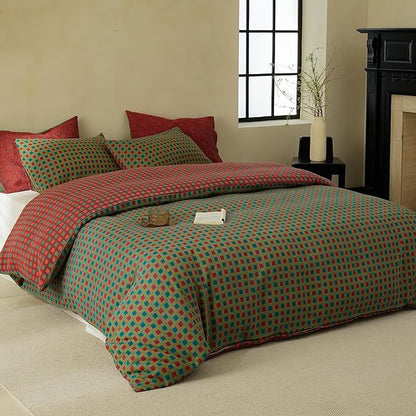 BISELINA 100% Cotton Muslin Duvet Cover Set Queen, 3 Pcs Yarn-Dyed Jacquard Textured Vintage Geometric Checkered Pattern, Soft and Breathable Bedding Set with Zipper Closure, Green Red