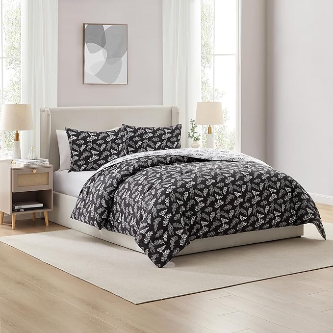 Nestl Full Size Comforter Sets - Black Bed in a Bag Full Size, 3 Pieces Reversible Bed Set, Soft Floral Bedding Set, All Season Botanical Comforters with Pillow Shams