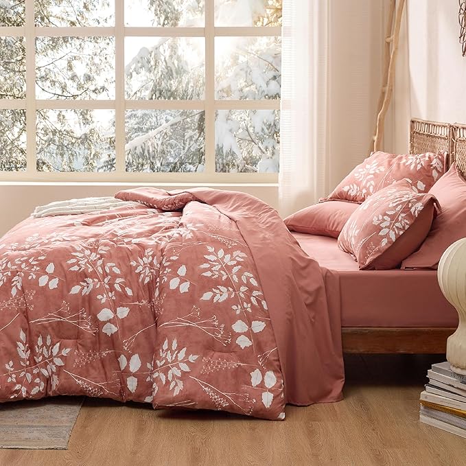 Bedsure Dusty Pink King Comforter Set - 7 Pieces Floral Bedding Sets, King Bed in a Bag with Reversible Botanical Flowers Comforter, Sheets, Pillowcases & Shams