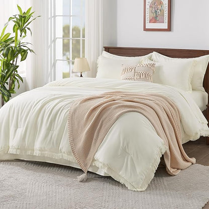 Andency California King Size Comforter Set with Sheets Ivory - 7 Pieces Cal King Bed in a Bag Boho Bedding Sets, Ivory Bed Set with Comforter, Sheets, Pillowcases & Shams