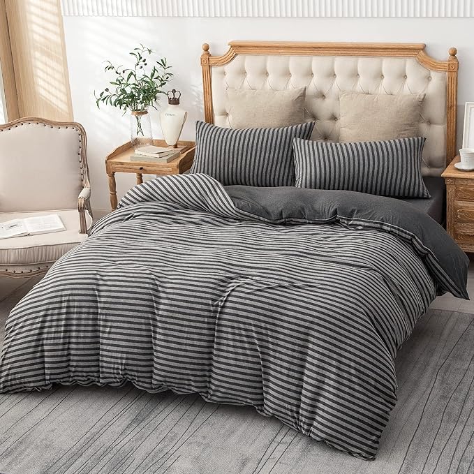 PURE ERA Jersey Knit Duvet Cover Set 100% T-Shirt Heather Cotton Super Soft Comfy Classic Striped Design, with Zipper Closure, Charcoal Dark Grey Stripe, King