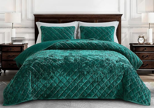 Chezmoi Collection Lux Emerald Green Velvet Quilt King Set, 3-Piece Lush Plush Distressed Velvet Bedding All Season Lightweight Comforter Brushed Microfiber Reverse with Diamond Stitch Quilting