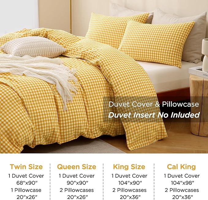 TOCOMOA Yellow Gingham Duvet Cover Bedding Set 100% Washed Cotton Like Linen Feel Super Soft Comfortable 3 Piece Vintage Plaid Checkered Comforter Cover Set (King 104"x90", Comforter Not Included)