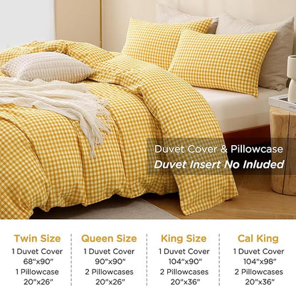 TOCOMOA Yellow Gingham Duvet Cover Bedding Set 100% Washed Cotton Like Linen Feel Super Soft Comfortable 3 Piece Vintage Plaid Checkered Comforter Cover Set (King 104"x90", Comforter Not Included)