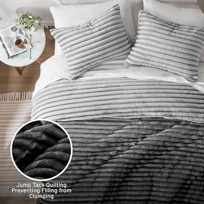 Intelligent Design Queen Comforter Set, Plush Bedding, Microfiber Reverse, 3 Piece, Lightweight, Super Soft Ribbed Velvet Comforter 2 Shams, All Season Fluffy Bed Set, Avril, Full/Queen Grey Ombre