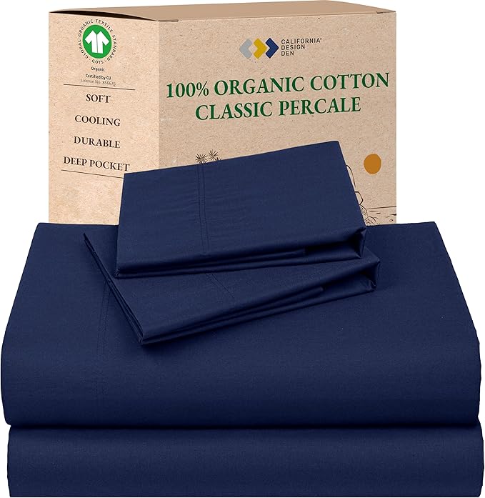 California Design Den California King Sheet Set - Soft 100% Organic Bed Sheets with Deep Pockets, Crisp Percale, Breathable and Durable Bedding Set - Navy Blue