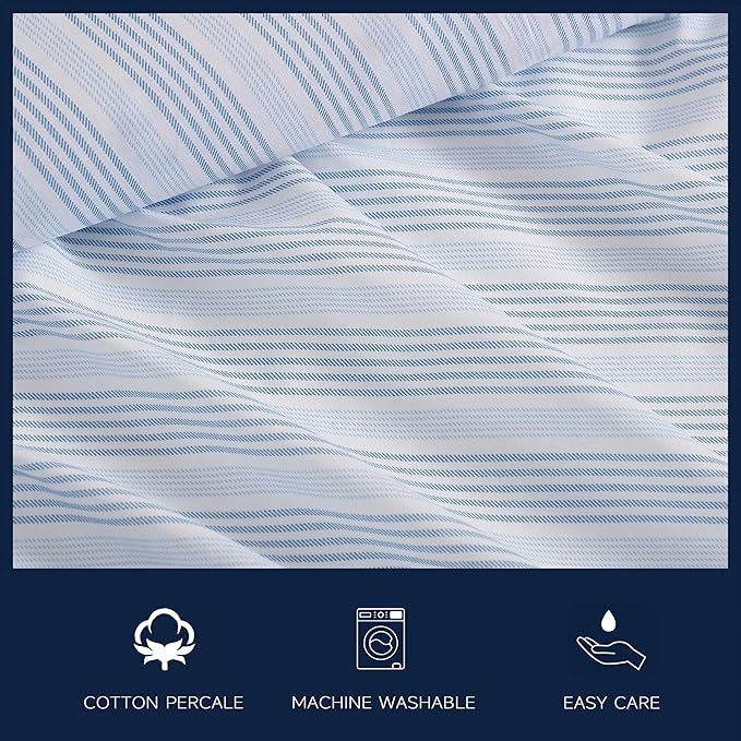 Nautica - Full Size Sheets Set, Crisp & Tailored Striped Bedding with a Smooth Cotton Percale, Bed Sheets with Matching Pillowcases & Fitted Sheet (Tayleur Stripe Blue)