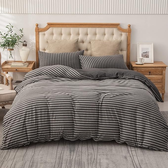 PURE ERA Jersey Knit Duvet Cover Set 100% T-Shirt Heather Cotton Super Soft Comfy Classic Striped Design, with Zipper Closure, Charcoal Dark Grey Stripe, Cal King