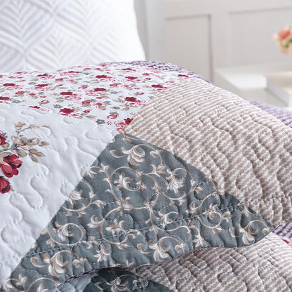 HoneiLife Quilt Set Twin Size - 2 Piece Microfiber Quilts Reversible Bedspreads Patchwork Coverlets Floral Bedding Set All Season Quilts with Geometric and Little Rose Print Pattern，Grey