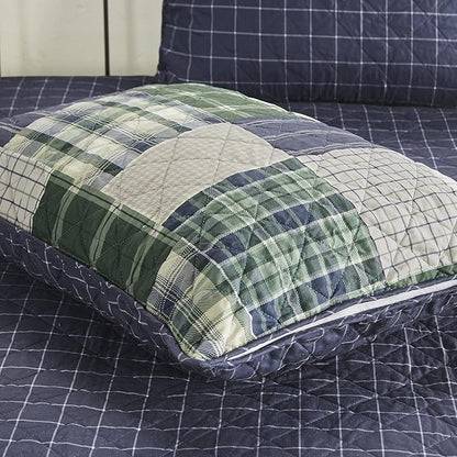 Madison Park Reversible Quilt Cabin Lifestyle Plaid Design - All Season, Breathable Coverlet Bedspread Bedding Set, Matching Shams, Full/Queen(90"x90"), Green/Navy 3 Piece