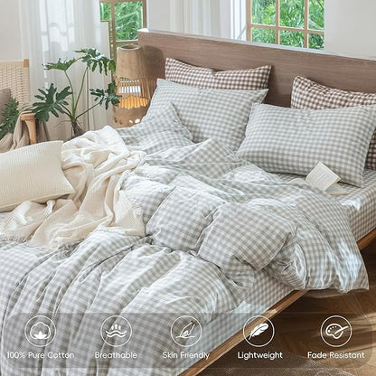 MooMee Gingham Duvet Cover Set 100% Washed Cotton Linen Like Textured Breathable Durable Soft Comfy Modern Checkered Design (Northern Droplet Grey Gingham, Queen 90"x90")