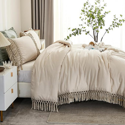Andency King Size Comforter Set Beige, 3 Pieces Boho Tassel Lightweight Soft Bedding Comforter Sets for King Bed, All Season Fluffy Bed Set (104x90In Comforter & 2 Pillowcases)