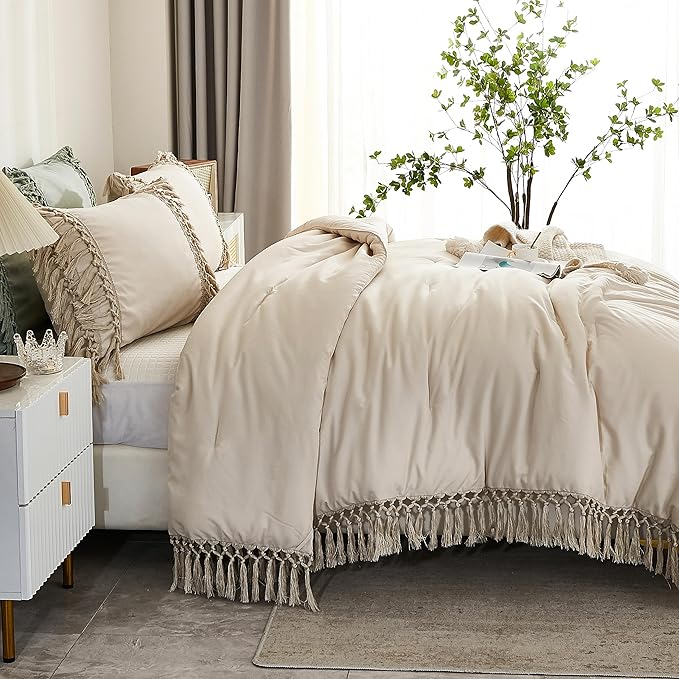 Andency Beige Comforter Set California King, 3 Pieces Boho Tassel Lightweight Soft Bedding Comforter Sets for King Bed, All Season Fluffy Fringe Bed Set (104x96In Comforter & 2 Pillowcases)
