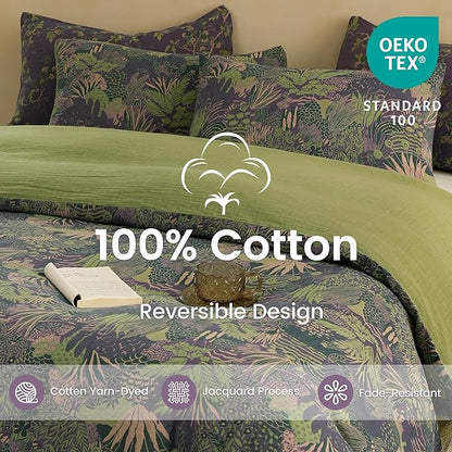 BISELINA 100% Cotton Muslin Duvet Cover Set King, 3 Pcs Yarn-Dyed Jacquard Textured Reversible Botanical Floral, Soft and Breathable Bedding Set with Zipper Closure, Purple Green