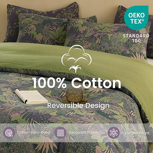 BISELINA 100% Cotton Muslin Duvet Cover Set Queen, 3 Pcs Yarn-Dyed Jacquard Textured Reversible Botanical Floral, Soft and Breathable Bedding Set with Zipper Closure, Purple Green