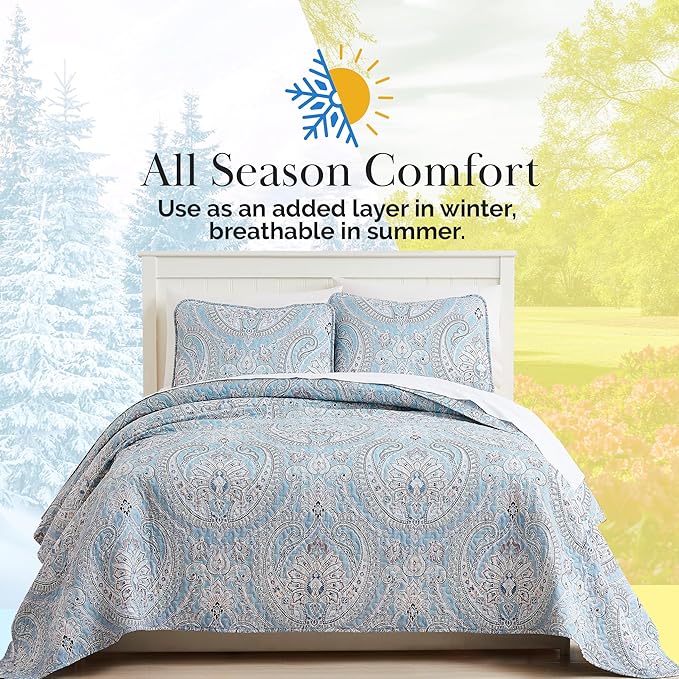 Southshore Fine Living, Inc. Oversized Quilt King Size Bedding Set, Lightweight Comforter, Cal King Quilt Coverlet & 2 Matching Quilted Pillow Shams, Blue Paisley Comforter Set, Pure Melody Aqua