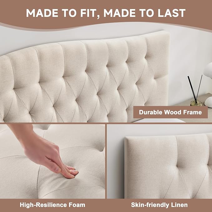 Tufted Upholstered Full Size Headboard Only, Adjustable 38-50 in, Beige | Full Headboard for Full Size Bed, Durable Linen Fabric Headboards, Modern Diamon Design Wood Head Board