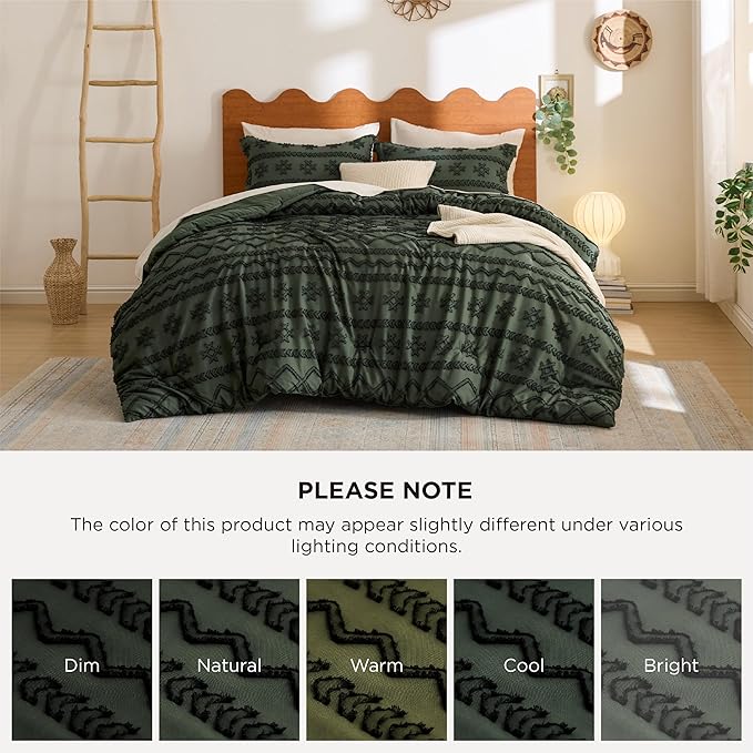 Bedsure Tufted Boho Comforter Set Queen Size - Olive Green Boho Bed Set, GentleSoft™ 3 Pieces Farmhouse Shabby Chic, Home Decor Bedding, Gifts for Woman, Soft Jacquard Queen Comforter for All Seasons