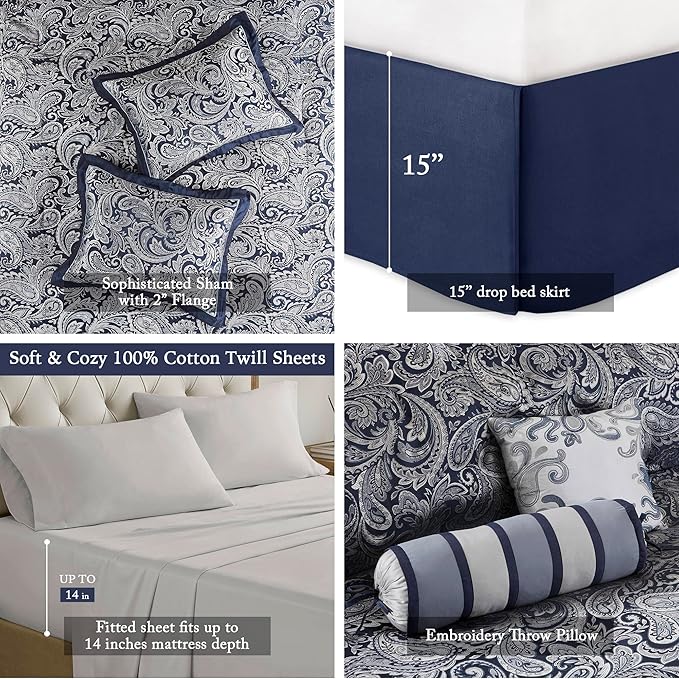 Madison Park Aubrey Cozy Comforter Set, Faux Silk Jacquard Paisley Design - All Season Down Alternative Bedding with Cotton Bed Sheets, Bed Skirt & Toss Pillows, King Navy 12 Piece