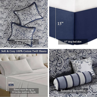 Madison Park Aubrey Cozy Comforter Set, Faux Silk Jacquard Paisley Design - All Season Down Alternative Bedding with Cotton Bed Sheets, Bed Skirt & Toss Pillows, California King Navy 12 Piece