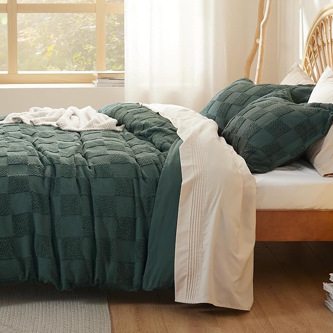 Bedsure Boho Kids Duvet Cover King Size（Duvet Insert/Comforter not Included - Checkered King Duvet Cover for All Seasons, Soft Shabby Chic Boho Bedding (Green, 104" x 90")