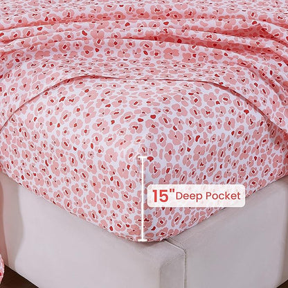 Softan Pink Floral Twin Sheet Set, 3-Piece Cozy Microfiber Leopard Printed Fitted Bed Sheet with 15" Deep Pockets & Non-Slip Straps, Kids Girls Cute Patterned Sheets & Pillowcase Set