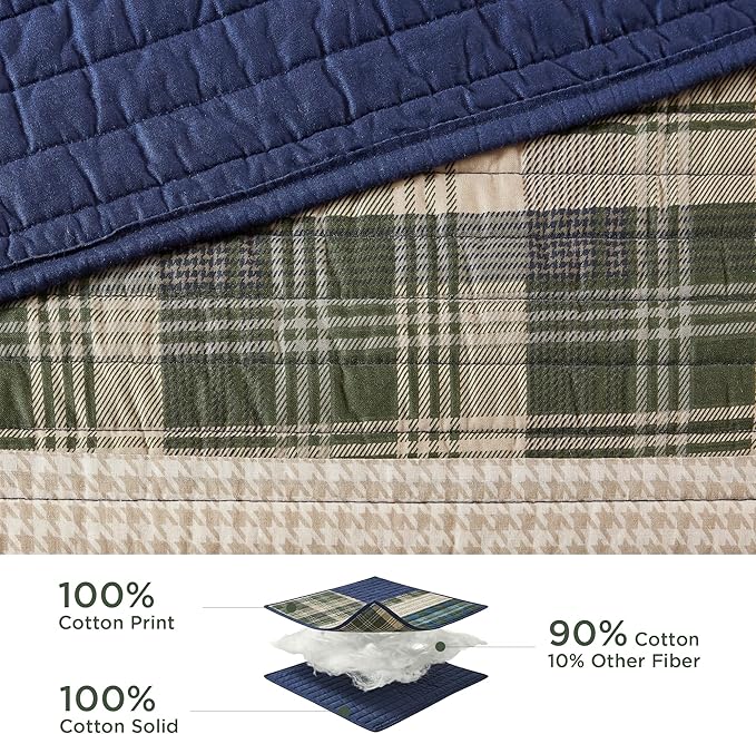 WOOLRICH Spruce Hill Reversible Quilt Set - Cottage Styling Reversed to Solid Color, All Season Lightweight Coverlet, Cozy Bedding Layer, Matching Shams, Oversized King/Cal King, Stripes Green 3 Piece