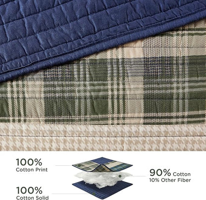 WOOLRICH Spruce Hill Reversible Quilt Set - Cottage Styling Reversed to Solid Color, All Season Lightweight Coverlet, Cozy Bedding Layer, Matching Shams, Oversized King/Cal King, Stripes Green 3 Piece