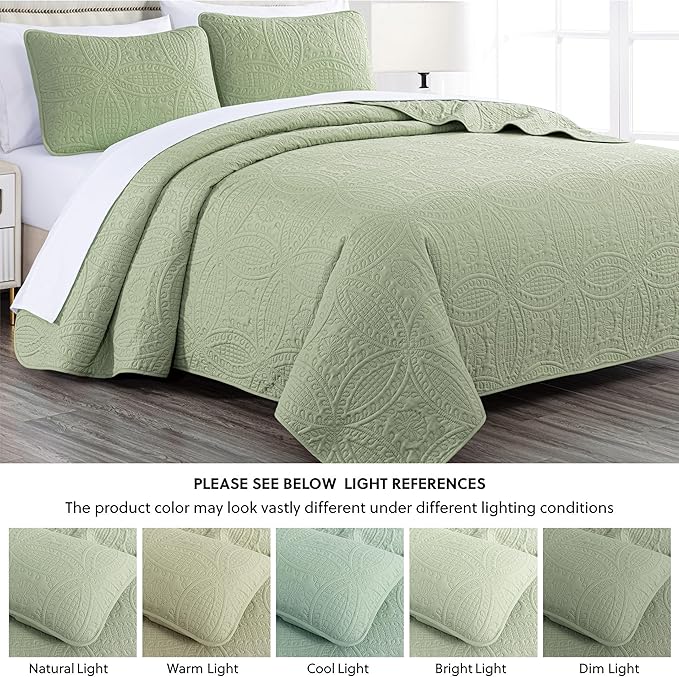 Chezmoi Collection Austin 3-piece Oversized Bedspread Coverlet Set (Queen, Sage) | Oversized, Lightweight, Fade Resistant