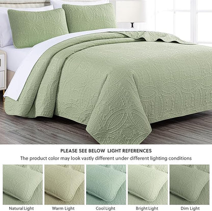 Chezmoi Collection Austin 3-piece Oversized Bedspread Coverlet Set (King, Sage) | Oversized, Lightweight, Fade Resistant