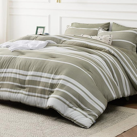 Bedsure Twin Comforter Set 5 Pieces, Olive Green Striped Bedding Set for All Seasons, Reversible, Cationic Dyeing Bed in a Bag with Comforter, Sheets, Pillowcase & Sham