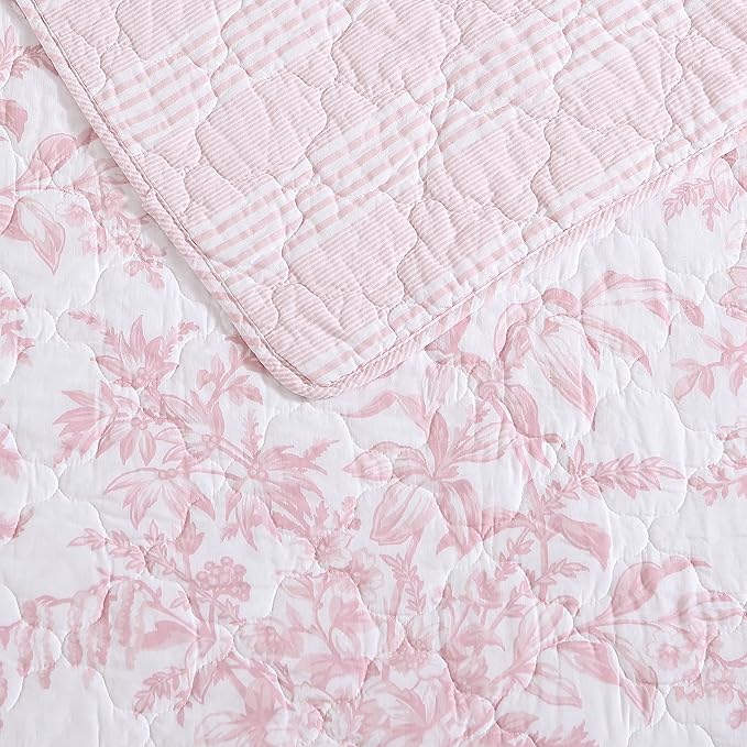 Laura Ashley - Twin Quilt Set, Soft & Reversible Cotton Floral Bedding with a Medium Weight Feel, 2 Piece Bed Set with Matching Pillowcase (Bedford Pink)