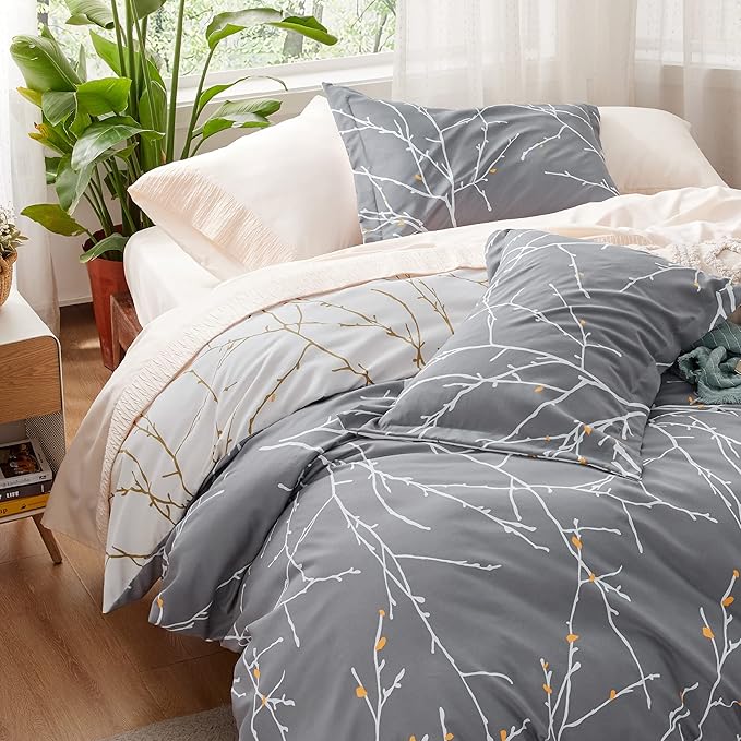 Bedsure Duvet Cover Twin Size - Reversible Botanical Duvet Cover Set with Zipper Closure, 2 Pieces Grey Bedding Set with 8 Corner Ties and 1 Pillow Sham 20"x26"