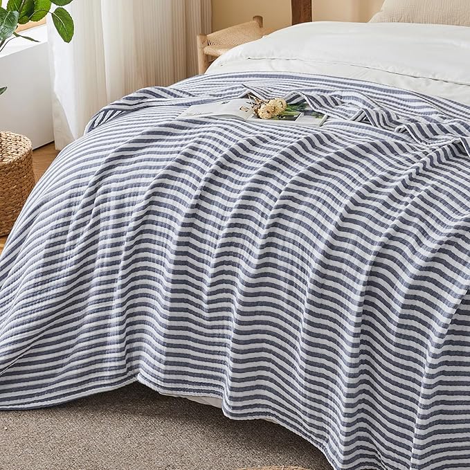 EMME Cotton Muslin King Blanket Bed Layering Bedspread Coverlet Breathable Gauze Soft Lightweight (Striped Navy, 108"x90")