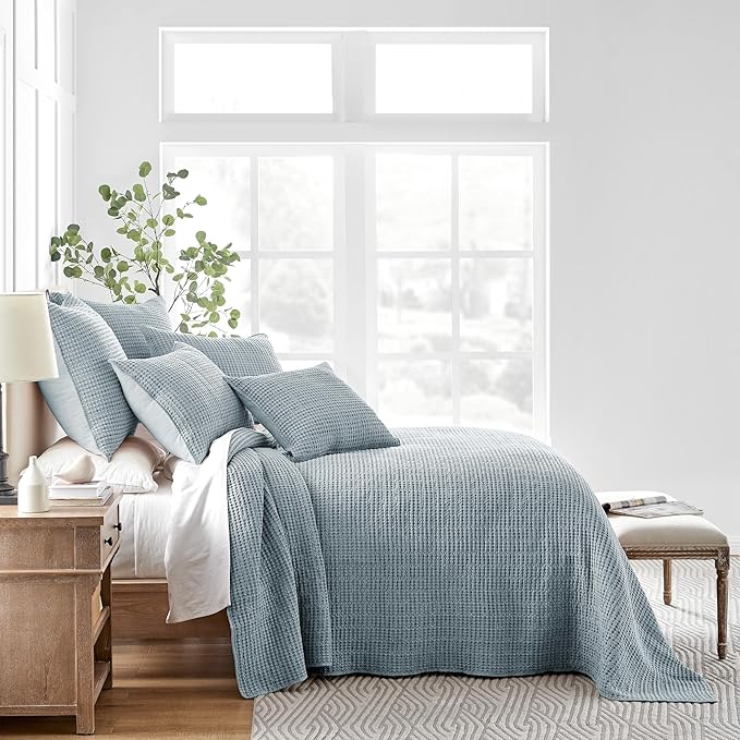 Levtex Home Mills Waffle Full Bedspread Set (100x104in) with 2 Pillow Shams (26x20in) - Chambray - Cotton Waffle Full Size Bedspread Set - Lightweight, Soft, Pre-Washed