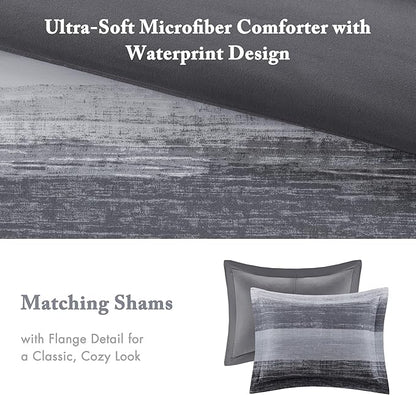 Madison Park Essentials King Comforter Set, Bed in a Bag, Watercolor Print Coastal Comforter & Chambray Cotton Sheet Set, All Season Bedding Set, Saben, Black King (104 in x 92 in) 9 Piece