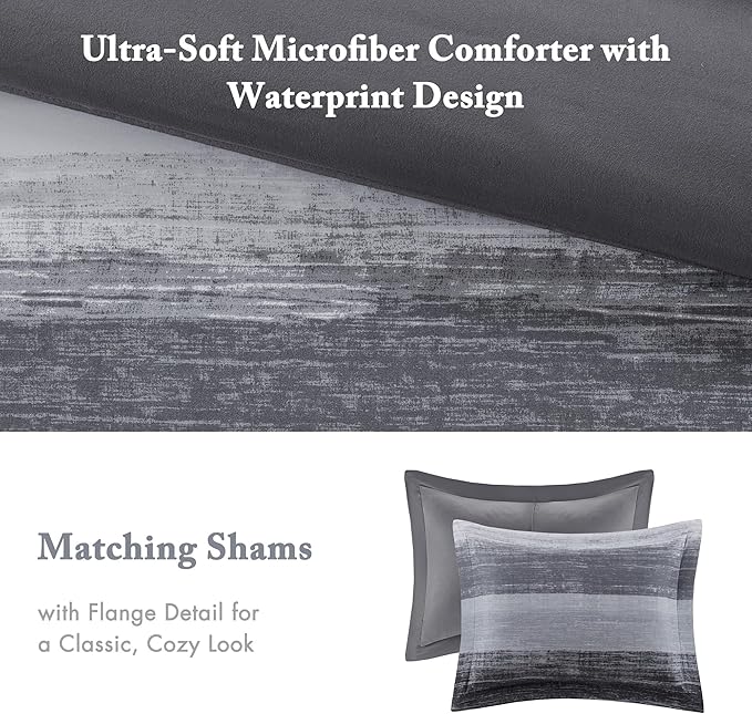 Madison Park Essentials Queen Comforter Set, Bed in a Bag, Watercolor Print Coastal Comforter & Chambray Cotton Sheet Set, All Season Bedding Set, Saben, Black Queen (90 in x 90 in) 9 Piece