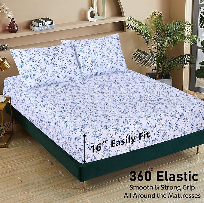 RUVANTI 100% Cotton Sheets – King Size Percale Bedding, Cooling & Breathable Floral Design, Durable with a Crisp, Soft & Comfortable Feel, 16" Deep Pocket, 4-Piece Set, Annual