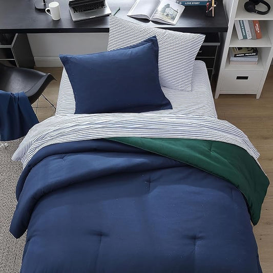 Nautica - Queen Bonus Bed Set, Reversible & Ultra-Soft Brushed Comforter with Lightweight Feel, 7 Piece Bedding with Matching Bed Sheets, Pillowcases, & Tote Bag (Captain's Blue/Green)