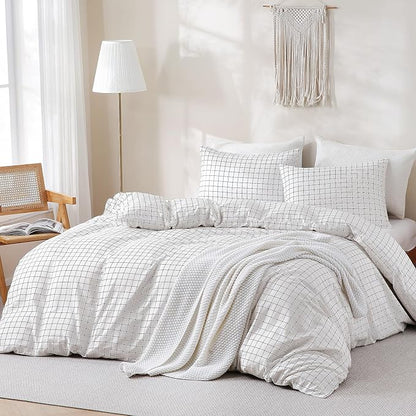 TOCOMOA Checkered Duvet Cover Set 100% Natural Cotton Soft Comfy Breathable 3 Piece White and Black Gingham Pattern Printed Comforter Cover Bedding Set (Queen 90"x90", Comforter Not Included)