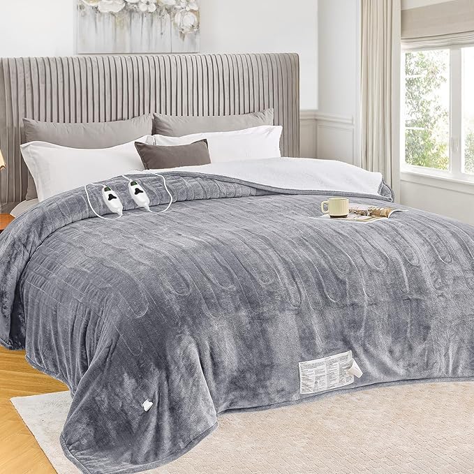 greenoak Heated Blanket Electric King Size 100"X90" Dual Control, Heating Blanket with 10 Heat Levels 8 Hours Auto-Off, Fleece Soft Gifts for Grandma Seniors Mom,Misty Grey
