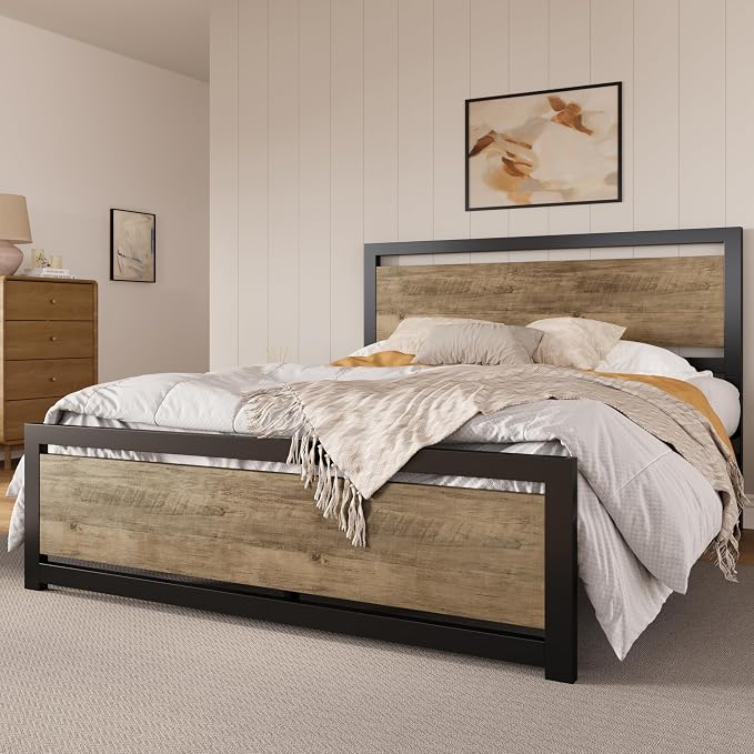 SHA CERLIN Heavy Duty Full Size Bed Frame with Modern Headboard, Brown | Platform Metal Base with Square Footboard and 13 Strong Slats Support, No Box Spring Needed