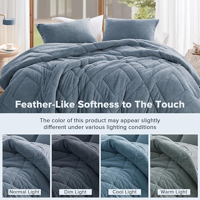 Comfort Spaces King Comforter Set Reversible Feather-Soft Plush Comforters for King Size Bed All Season Lightweight Shearling Fleece Sherpa Comforter King Size Bed Set, King/Cal King, Blue 3 Piece