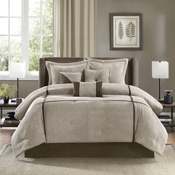 Madison Park Cozy Comforter Set Casual Blocks Design All Season, Matching Bed Skirt, Decorative Pillows, Cal King(104"x92"), Dallas Corduroy, Taupe Brown, 7 Piece