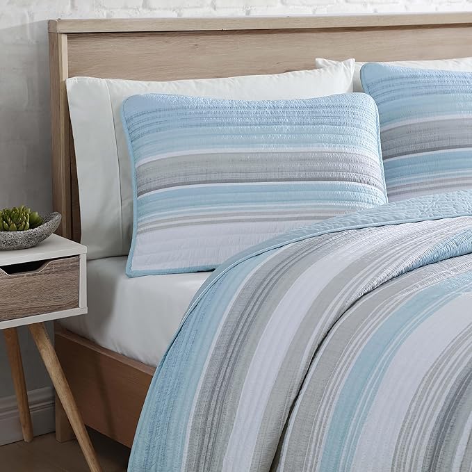Beatrice Home Fashions Coralinn Striped 2-Piece Quilt Set, Lightweight, All-Seasons, Twin, Blue Gray