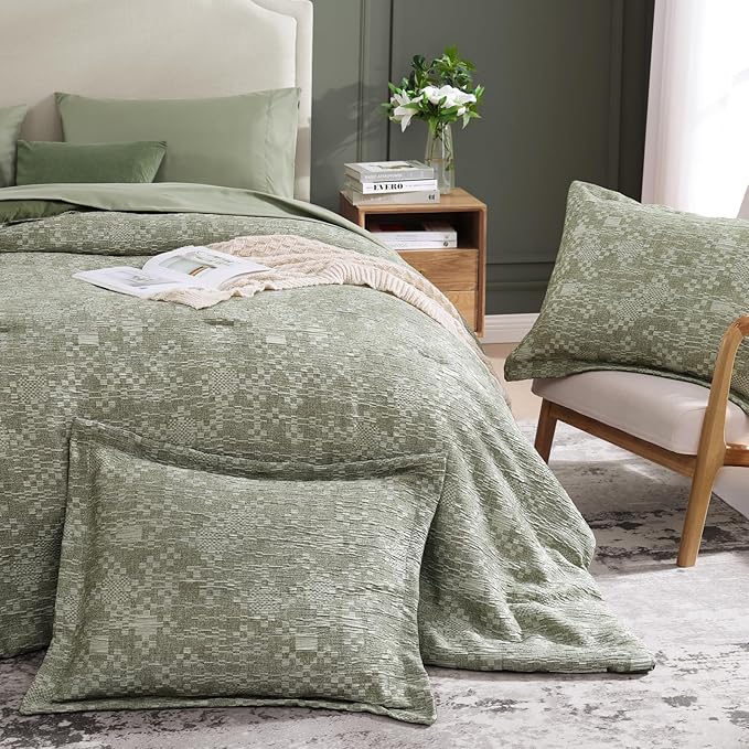 MaiRêve Queen Comforter Set Olive Green, Crinkle Textured Design Bedding Set 7 Pieces Bed in A Bag, All Season Farmhouse Comforter Set with Sheets, Pillowcases & Shams
