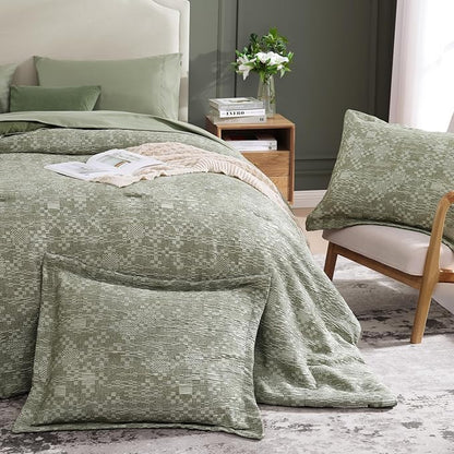 MaiRêve Full Size Comforter Set Olive Green, Crinkle Textured Design Bedding Set 7 Pieces Bed in A Bag, All Season Farmhouse Comforter Set with Sheets, Pillowcases & Shams